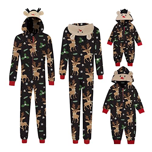 Weihnachten Pyjama Familien Damen Herren Kinder Jumpsuit Kuschelig Hoodie mit Reißverschluss Kapuze Rentier Weihnachts Schlafanzug Set Einteiler Nachtwäsche Overall Hausanzug für die ganze Familie 1 von MeiLyviba