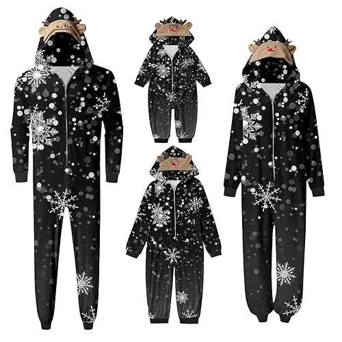 Weihnachten Pyjama Familien Damen Herren Kinder Jumpsuit Kuschelig Hoodie mit Reißverschluss Kapuze Rentier Weihnachts Schlafanzug Set Einteiler Nachtwäsche Overall Hausanzug für die ganze Familie von MeiLyviba