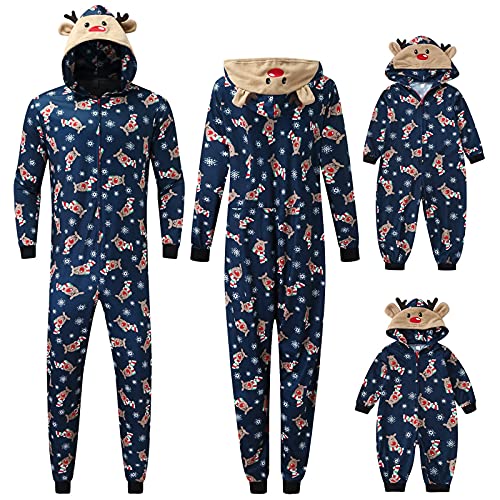 Weihnachten Pyjama Familien Damen Herren Kinder Jumpsuit Kuschelig Hoodie mit Reißverschluss Kapuze Rentier Weihnachts Schlafanzug Set Einteiler Nachtwäsche Overall Hausanzug für die ganze Familie S von MeiLyviba