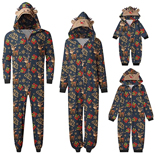 Weihnachten Pyjama Familien Damen Herren Kinder Jumpsuit Kuschelig Hoodie mit Reißverschluss Kapuze Rentier Weihnachts Schlafanzug Set Einteiler Nachtwäsche Overall Hausanzug für die ganze Familie M von MeiLyviba