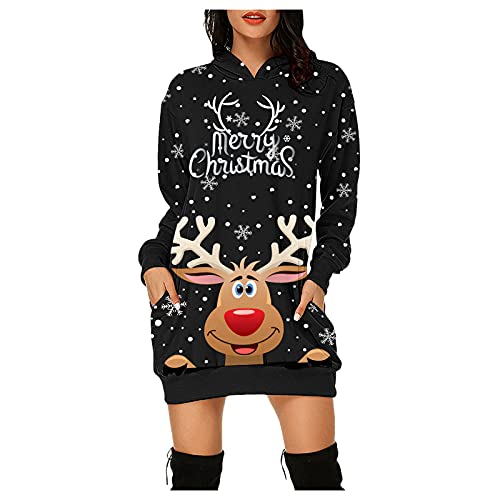 Weihnachtskleid für Damen Langarm Elegant Hoodie Weihnachtspullover Weihnachts Festkleider Partykleid Weihnachtskleidung Vintage Merry Christmas Party Dresses for Women Rentier Print Pulli Kleid von MeiLyviba