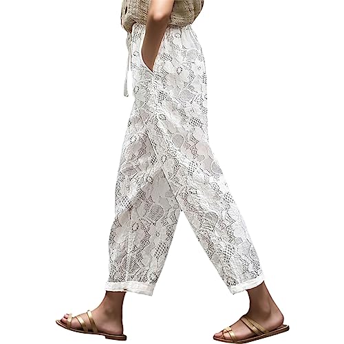 Weiße Leinenhose Damen Weit Casual Große Größen Länge Sommerhose Strandhose Jogginghose Locker Freizeit Frauen Freizeithose Haremshose Atmungsaktive Loose Für Sommer Outdoor Jogger von MeiLyviba