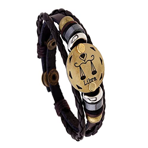 MeiPing Punk Modisch 12 Sternbilder Sternzeichen Herren Damen Charm Armband Geflochten Leder Legierung Multilayer Braun Armreifen von MeiPing