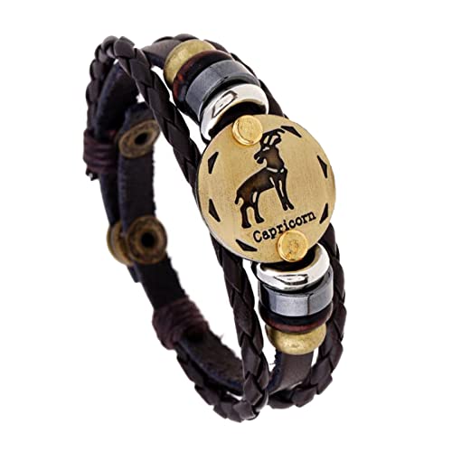 MeiPing Retro Sternzeichen Armband aus Braunem Leder 'Golden Zodiac' mit Druckknopf Verschluss - Herren Damen Unisex Armband Accessoire Schmuck von MeiPing