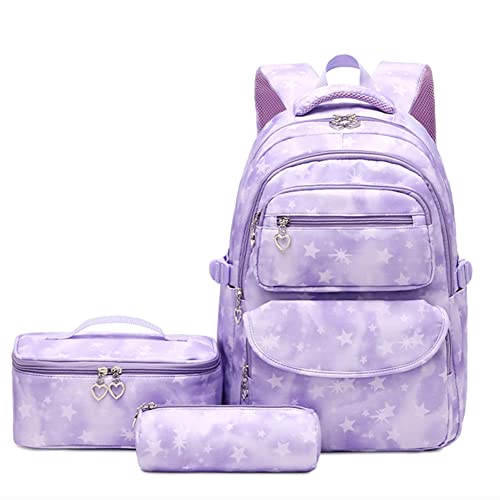 MeiYeAE Schulrucksack Mädchen Teenager Satch Set Wasserdicht Daypack Damen Jungen Sport Schule Kinderrucksack Schöne Rucksäcke Damenrucksack Draußen Reisen Ranzen(3 Stück) Lila von MeiYeAE