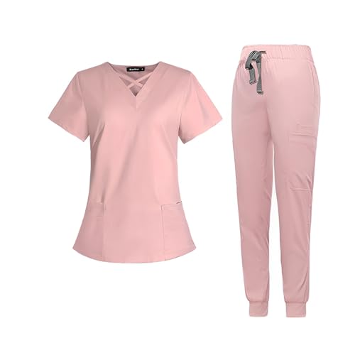 Meichoon Damen Krankenschwester Uniform Set Mode Ausschnitt Kurzarm Oberteil mit 4 Taschen Quick Dry Drawstring Yoga Jogging Hose DK53Pink M von Meichoon