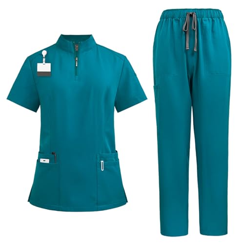 Meichoon Damen Medizinische Pflege Uniform Klassischer V-Ausschnitt Scrubs Set Stehendes Oberteil mit Reißverschluss Dehnbare weiche Jogginghose Schnell Trocknend DK50Seeblau S von Meichoon