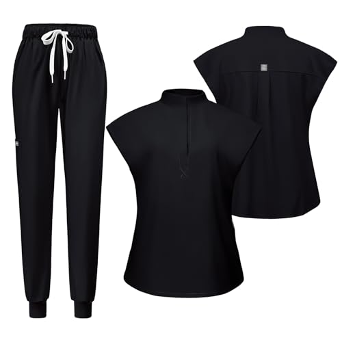 Meichoon Damen Medizinische und Krankenpflege Kittel Kurzarm Set Stehkragen Stretch Oberteil mit 2 Seitentaschen Konisch zulaufende Stretch Jogging Hose DK55Schwarz S von Meichoon