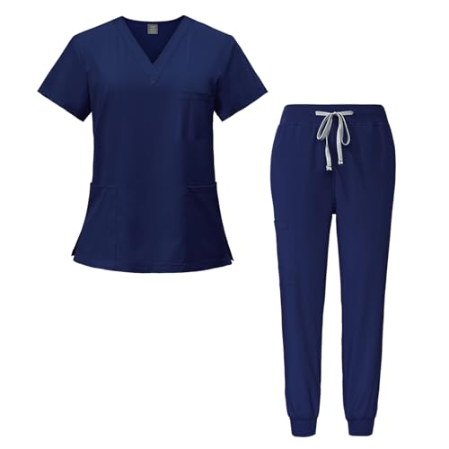 Meichoon Damen OP-Anzug Set V-Ausschnitt Oberteil und Kordelzug konisch zulaufende Beine Ultraweich und schnell trocknend Kurzarm Q-DK05 Marineblau Small von Meichoon