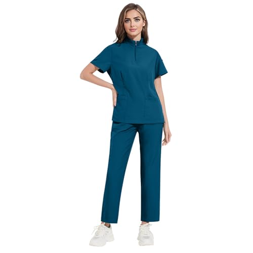 Meichoon Damen OP-Kleidung Set Klassischer V-Ausschnitt Stand-up Reißverschluss Kurzarm Oberteil mit 4 Taschen Stretchy Soft Yoga Hose DK50Cyan XL von Meichoon