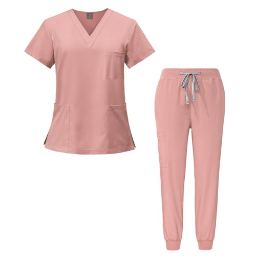 Meichoon Damen OP-Kleidung Set V-Ausschnitt Elastisches Kurzarm-Oberteil und konische Hose mit Kordelzug Ultraweich und schnelltrocknend DK05 Rosa Mittel von Meichoon