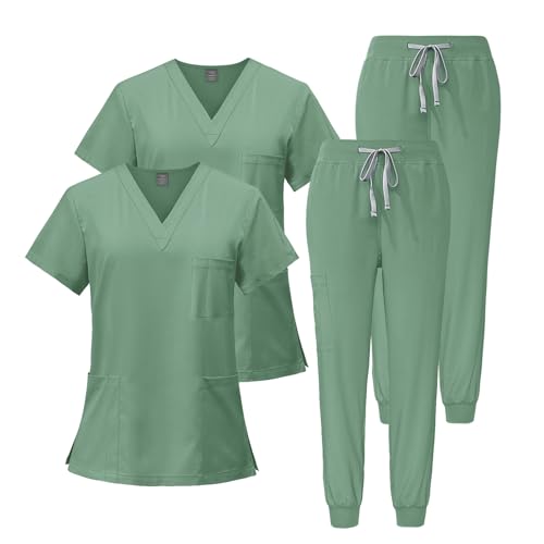 Meichoon Damen Scrubs 2PCS Krankenschwestern Uniformen Oberteil und Hose V-Ausschnitt 3 Taschen Super weich und schnell trocknend DK05Green XL von Meichoon