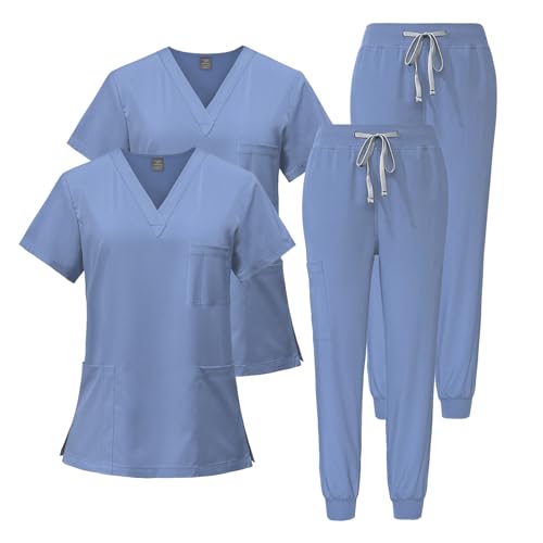 Meichoon Damen Scrubs 2er-Set Schnelltrocknendes Kurzarm-Oberteil Dehnbare, schmal zulaufende Hose Weiches Schweißabsorptionsmittel DK05Hellblau S von Meichoon