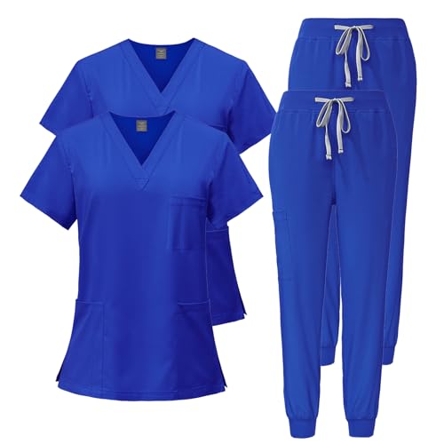 Meichoon Damen Scrubs 2er-Set Schnelltrocknendes Kurzarm-Oberteil mit V-Ausschnitt Stretch-Jogginghose Weich knitterfrei DK05Blau XXL Meichoon Damen Scrubs 2er-Set Schnelltrocknendes Kurzarm-Oberteil mit V-Ausschnitt Stretch-Jogginghose Weich knitterfrei DK05Blau XXL von Meichoon