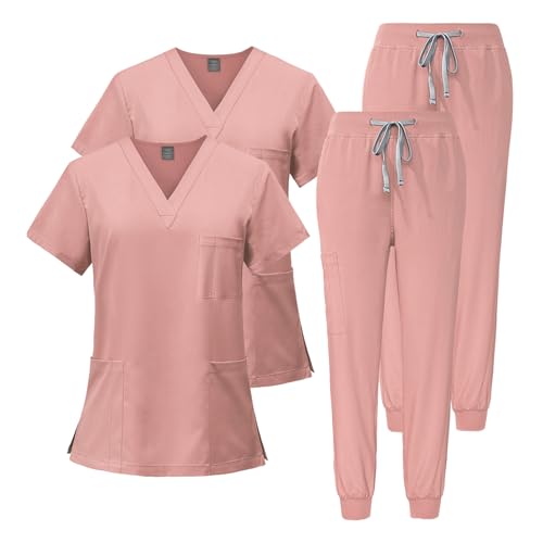 Meichoon Damen Scrubs Set 2-teilige Krankenschwesternkittel Dehnbares kurzärmeliges Oberteil mit 3 Taschen Slim-Fit Hose Schnelltrocknend Schweißableitend DK05Pink XXL von Meichoon