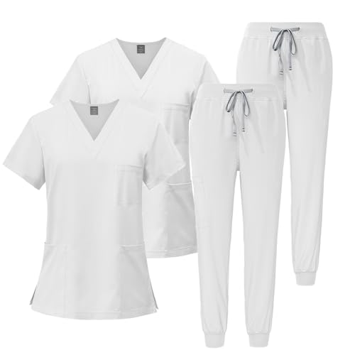 Meichoon Damen Scrubs Set 2PCS Krankenschwester Uniformen Weiche Falten Beständige Oberteile Stretch Jogginghose Medical Dental DK05Weiß XL von Meichoon