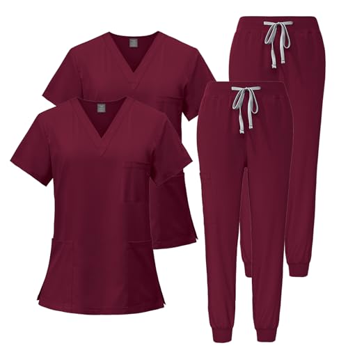 Meichoon Damen Scrubs Set 2PCS Kurzarm V-Ausschnitt Top Weiche Tapered Hose 3 Taschen Schnell Trocknend Falten Resistent DK05Red L von Meichoon