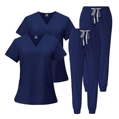 Meichoon Damen Scrubs Set 2PCS Stretch V-Ausschnitt Top Stretch Jogginghose 3 Taschen Schweißabsorbierend Schnell Trocknend DK05Blau M von Meichoon