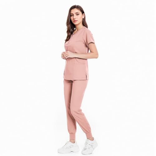Meichoon Damen-Scrubs Set Getrennte Krankenschwester Uniform Rundhalsausschnitt Top mit 4 Taschen Slim Fit Tapered Pants Stretchy Soft DK07 Pink Small von Meichoon