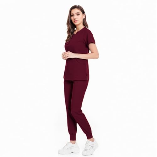 Meichoon Damen-Scrubs Set Getrennte Krankenschwester Uniform Rundhalsausschnitt Top mit 4 Taschen Slim Fit Tapered Pants Stretchy Soft DK07 Rot Klein von Meichoon