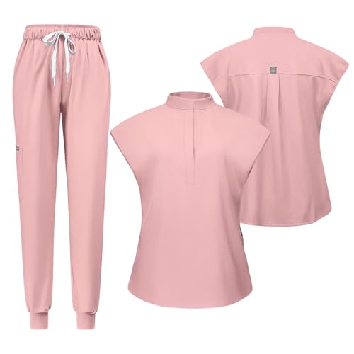 Meichoon Damen Scrubs Set Kurzarm Stand Up Neck Top Tapered Drawstring Stretch Yoga Hose Schweißabsorbierend Schnell Trocknend Weich Knitterfrei DK55Pink M von Meichoon
