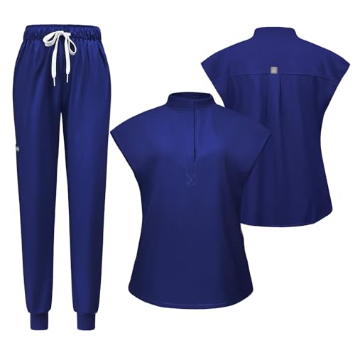 Meichoon Damen Scrubs Set Kurzarm Stand Up Neck Top Tapered Drawstring Stretch Yoga Pants Schweißabsorbierend Schnell Trocknend Weich Knitterfrei DK55Dunkelblau M von Meichoon