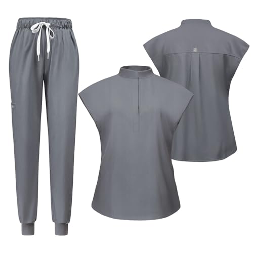 Meichoon Damen Scrubs Set Kurzarm Stand Up Neck Top Tapered Drawstring Stretch Yoga Pants Schweißabsorbierend Schnell Trocknend Weich Knitterfrei DK55Grau M von Meichoon