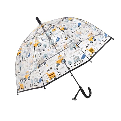 Meichoon Kinder Regenschirm Bulldozer-Muster Transparent 70cm/27.5" Kuppel Leicht zu greifen Wind- und Regensicher Klarsicht mit Namensschild Schwarz von Meichoon