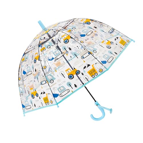 Meichoon Kinder-Regenschirm Bulldozer-Muster Transparent 70cm/27.5" Kuppel Wind- und Regensicher Automatisch öffnend Blau von Meichoon