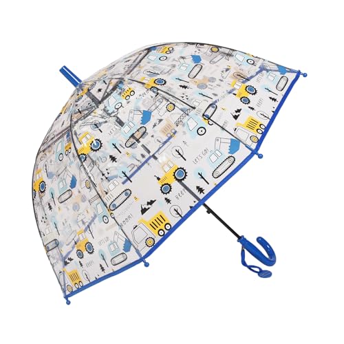 Meichoon Kinder-Regenschirm mit Bulldozer-Muster Klares Sichtfeld Griffiger Wind- und Regenschutz mit Namensschild Dunkelblau von Meichoon