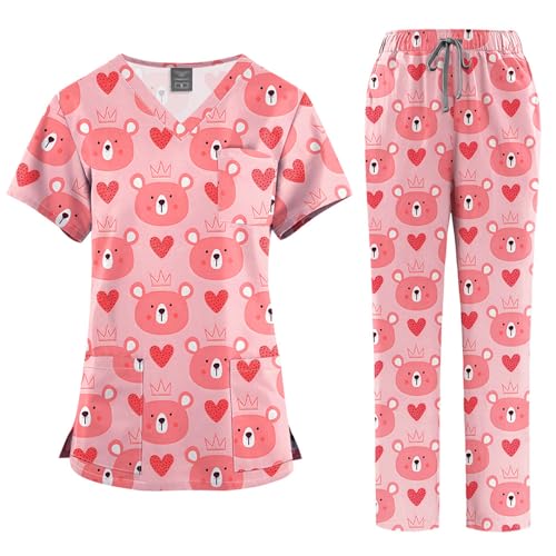Meichoon Medical Overalls Anzug-Set Scrubs Set Damen V-Ausschnitt bedrucktes Oberteil mit zwei Taschen und atmungsaktiver lockerer Hose Anti-Falten von Meichoon
