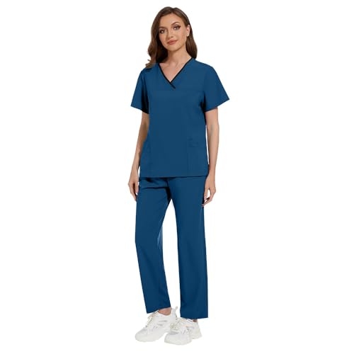 Meichoon Medizinische Krankenschwester Uniform Damen Klassisch V-Ausschnitt Oberteil Dehnbar Kordelzug Jogginghose Reine Farbe Schnell Trocknend Weich Schweiß Absorbierend DK51Klar Blau XXL von Meichoon