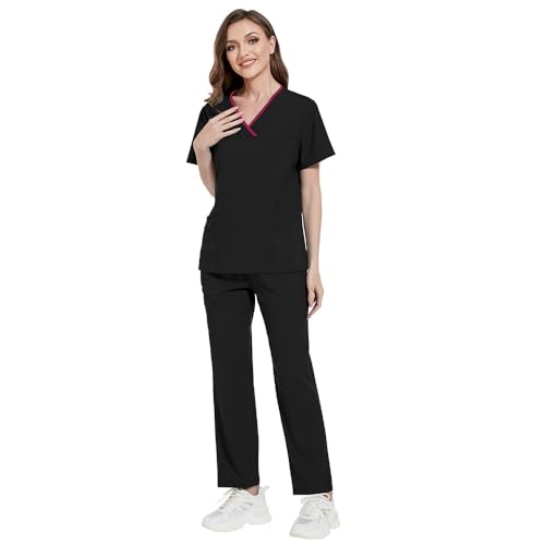 Meichoon Medizinische Krankenschwester Uniform Damen Klassisch V-Ausschnitt Oberteil Dehnbar Kordelzug Jogginghose Reine Farbe Schnell Trocknend Weich Schweiß Absorbierend DK51Schwarz XXL von Meichoon