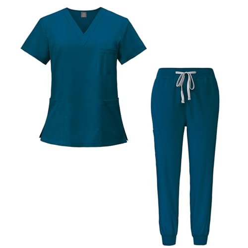 Meichoon Medizinischer OP-Kittel Set Elastisches kurzärmeliges Oberteil Enge Hose Schnelltrocknend für Männer und Frauen DK05 Clear Blue Medium von Meichoon