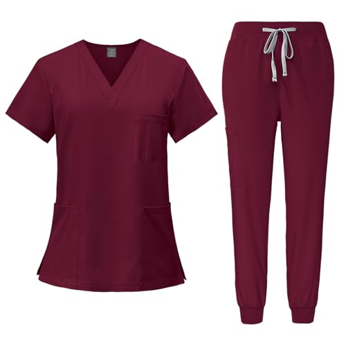 Meichoon Medizinisches Uniformset OP-Kittel Oberteil und Hose V-Ausschnitt mit 3 Taschen Ultraweich und schnelltrocknend für Männer und Frauen DK05Rot XX-Large von Meichoon