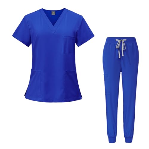 Meichoon Medizinisches Uniformset OP-Kleidung Oberteil und Hose V-Ausschnitt mit 3 Taschen Ultraweich und schnelltrocknend für Männer und Frauen DK05 Blau XX-Large von Meichoon