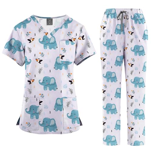 Meichoon Nursing Scrubs Set Medizinische Uniform Frauen V-Ausschnitt Bedrucktes Oberteil mit zwei Taschen und verstellbarer elastischer Taille Hose Weich von Meichoon