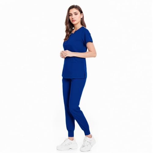 Meichoon OP-Kleidung Set Split Classic Rundhalsausschnitt Top mit 4 Taschen Slim Fit Tapered Pants Stretchy Soft für Männer und Frauen DK07 Blau Large von Meichoon
