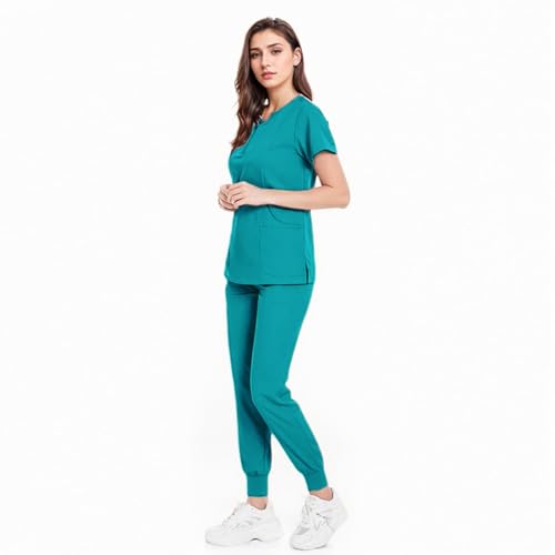 Meichoon OP-Kleidung Set Split Classic Rundhalsausschnitt Top mit 4 Taschen Slim Fit Tapered Pants Stretchy Soft für Männer und Frauen DK07 Lake Blue Large von Meichoon