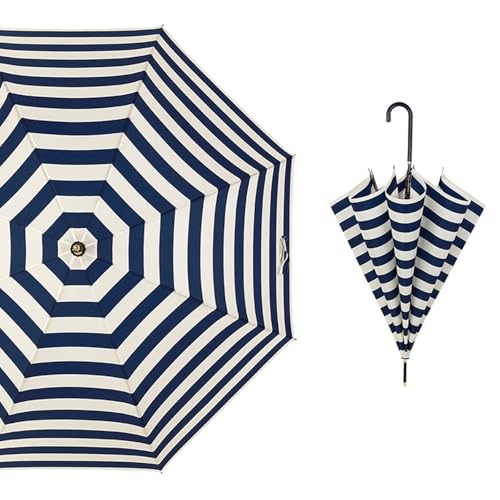 Meichoon Regenschirm Leichter tragbarer kompakter selbstöffnender vinylbeschichteter Stoff mit langem Griff für Sonnen- und Regenschutz Minimalistisches gestreiftes Design von Meichoon