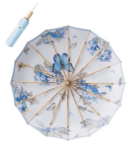 Meichoon Retro Sonnenschirm UPF50+ UV-Schutz groß 102cm/40in für 2 Personen Upgrade verdicktes Doppelknochen-Fiberglas 16 Rippen wasserdichter windabweisender Klappschirm für Frauen Reiseholzgriff von Meichoon