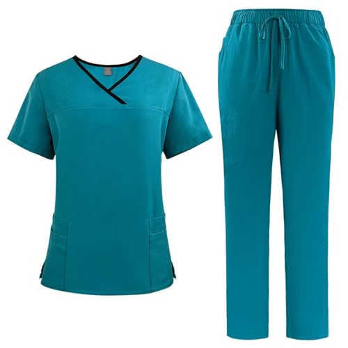 Meichoon Scrubs Damen Split Kurzarm Anzug mit 4 Taschen Stretchy Kordelzug Jogginghose Solid Color Soft DK51Seeblau XL von Meichoon
