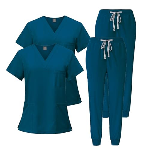Meichoon Scrubs Set 2PCS Damen Overall Kurzärmeliges Oberteil mit V-Ausschnitt und 3 Taschen Dehnbare Hose Weich und schnell trocknend DK05Klarblau S von Meichoon