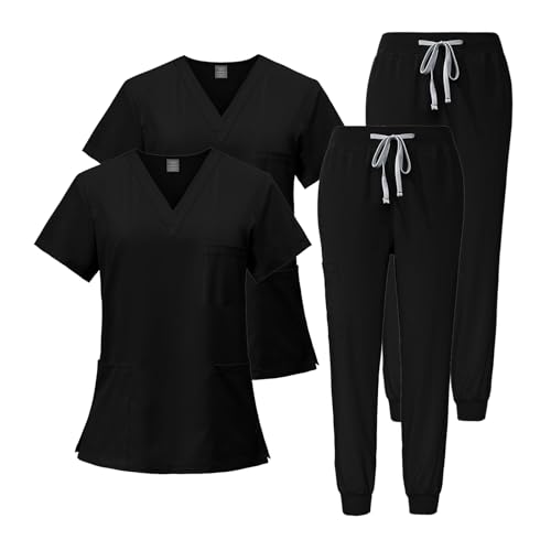 Meichoon Scrubs Set 2PCS Damen Overalls Schnell trocknende Kurzarm-OP-Mäntel Slim Fit Hose Weich Schnell Trocknend DK05Black L von Meichoon