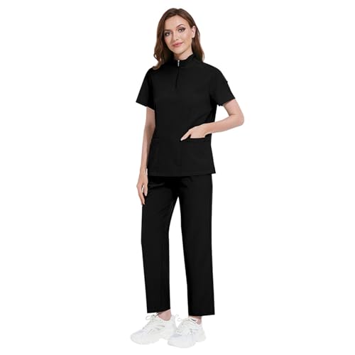 Meichoon Scrubs Set Damen V-Ausschnitt Zipper Top mit 4 Taschen Stretchy Soft Jogging Hose Schnell Trocknend Krankenhaus Salon Uniform DK50Black XL von Meichoon