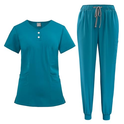 Meichoon Scrubs Set für Frauen Gebogenes V-Ausschnitt Button Down Oberteil Konische Jogginghose mit Kordelzug Stretch Schnell Trocknend Salon Overalls DK52Seeblau S von Meichoon