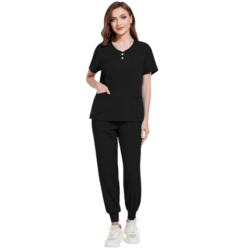 Meichoon Scrubs Set für Frauen gebogenen V-Ausschnitt Button Down Top konisch zulaufende Jogginghose mit Kordelzug Stretch schnell trocknend Salon Overalls DK52Schwarz S von Meichoon