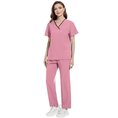 Meichoon Scrubs für Frauen Klassischer V-Ausschnitt Oberteil mit 4 Taschen Dehnbarer Kordelzug Jogginghose Einfarbig Schnell Trocknend DK51Pink L von Meichoon