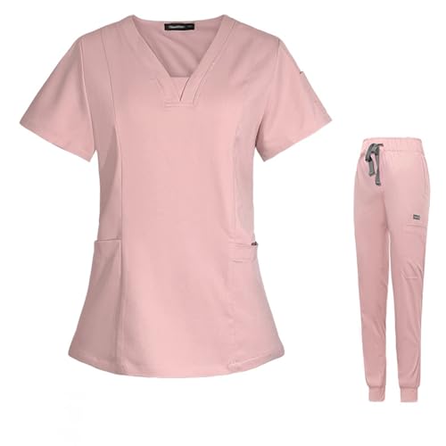 Meichoon Scrubs für Frauen Set Klassisches Oberteil mit V-Ausschnitt und 3 Taschen Konisch zulaufende Yoga-Jogging-Hose Slim Fit Medical Grooming Pet Shop DK08 Pink XX-Large von Meichoon