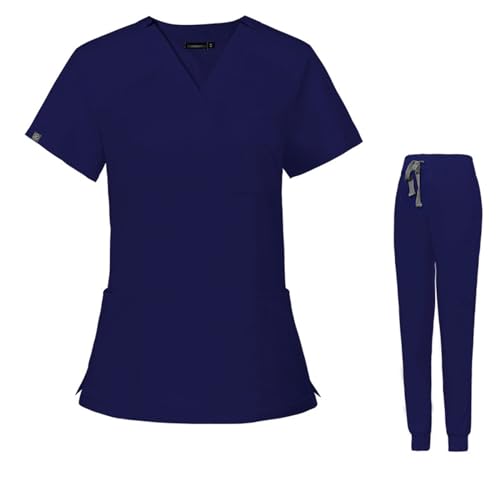 Meichoon Scrubs für Frauen Set Medizinische Uniformen V-Ausschnitt Stretch Kurzarm Oberteil mit 3 Taschen Tapered Yoga Jogger Hose Elastischer Bund DK09 Marineblau X-Small von Meichoon